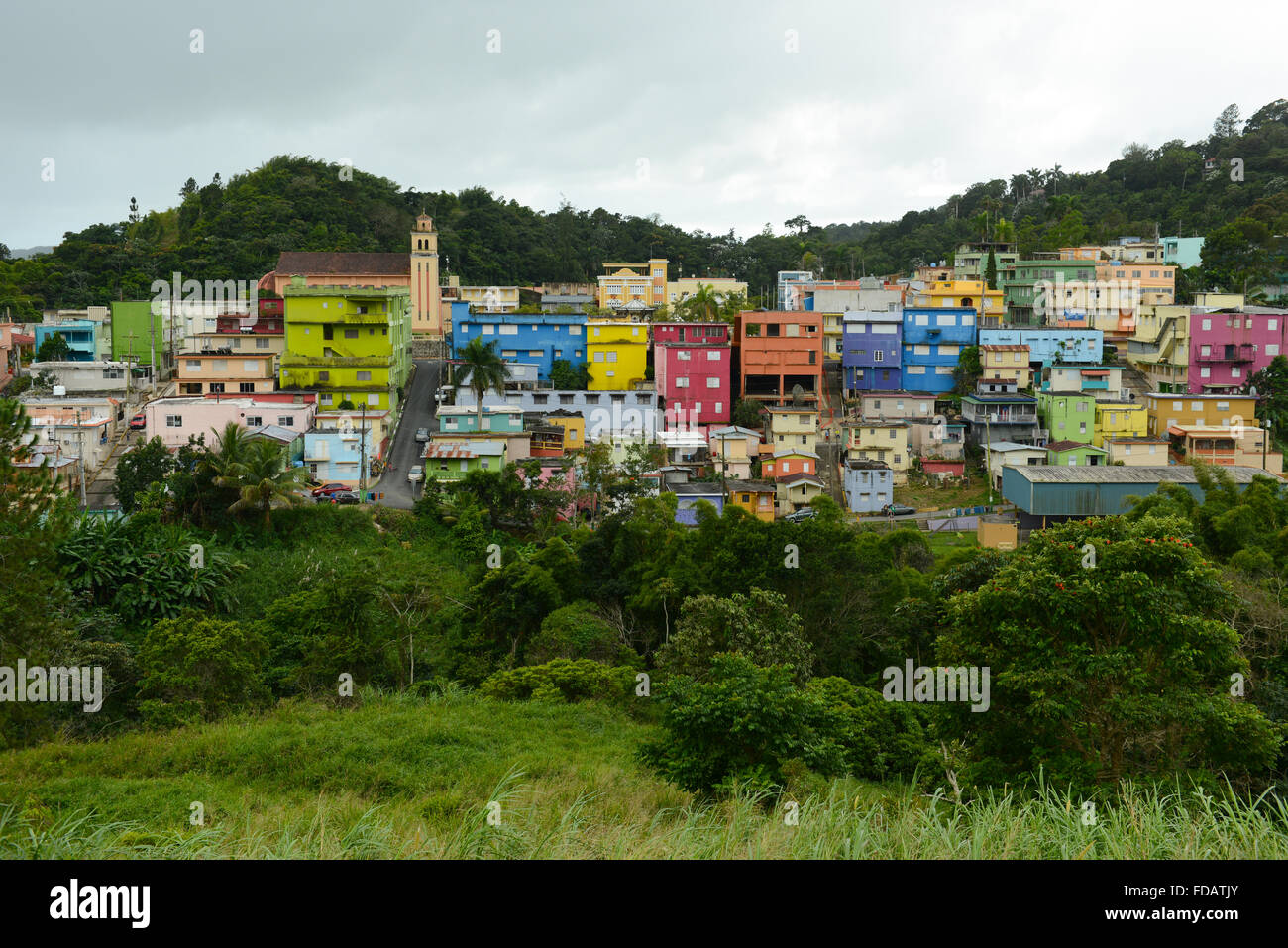 View of the colorful houses of Barranquitas. PUERTO RICO - Caribbean Island. Us terrritory. Stock Photo