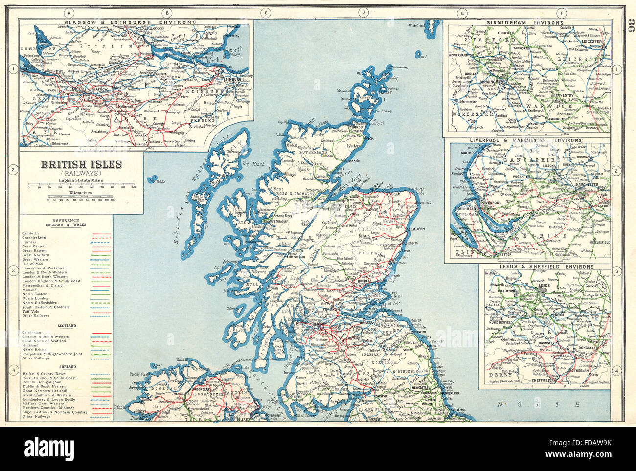 BRITISH RAILWAYS: Rail companies. Scotland Birmingham NW England, 1920 old map Stock Photo