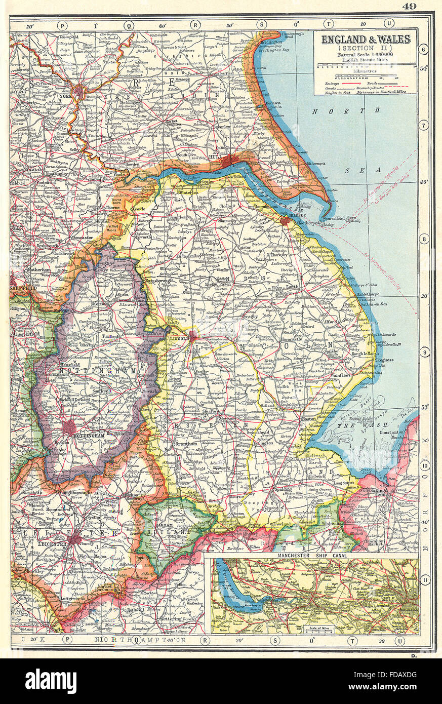 EAST MIDLANDS:Lincolnshire Nottinghamshire Rutland.Manch'r Ship Canal, 1920 map Stock Photo