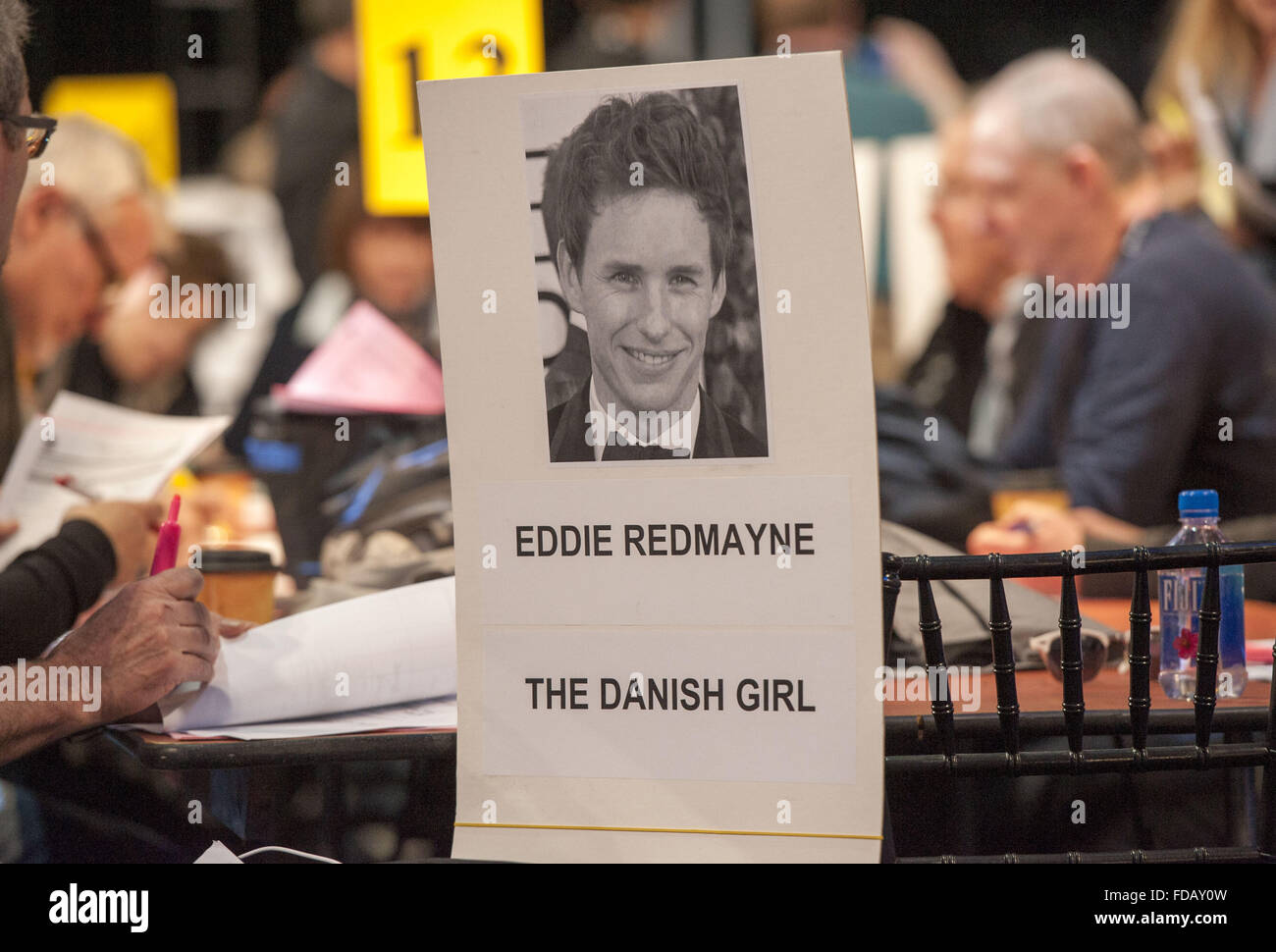 Los Angeles, California, USA. 29th Jan, 2016. SAG seating charts are out for Eddie Redmayne for 'The Danish Girl. Organizers placed name cards including a photo and name of actors and actresses at the Shrine Auditorium on Friday morning. Credit:  David Bro/ZUMA Wire/Alamy Live News Stock Photo