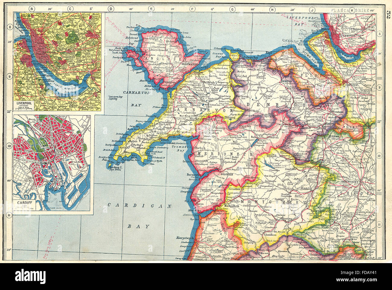 N WALES: Carnarvon Merioneth Denbigh Anglesey Flint; Liverpool;Cardiff, 1920 map Stock Photo