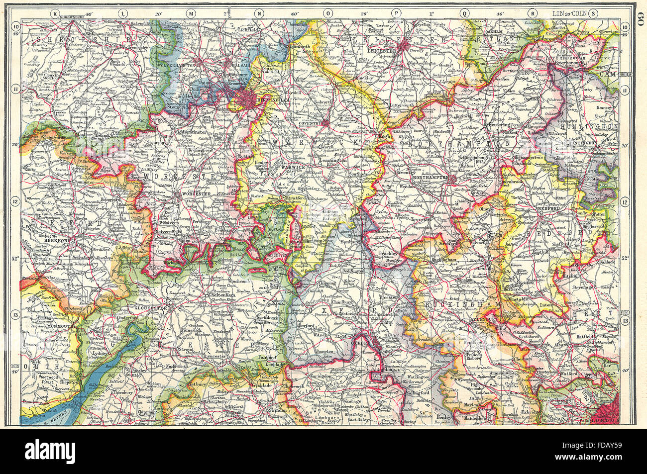 MIDLANDS: Worcestershire Warwickshire Northamptonshire Bedfordshire, 1920 map Stock Photo