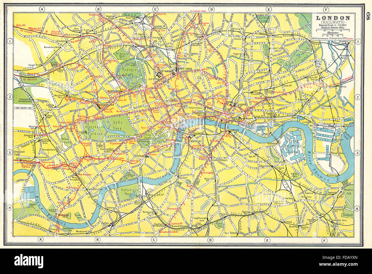 LONDON: Showing railways and underground tube lines. HARMSWORTH, 1920 old map Stock Photo
