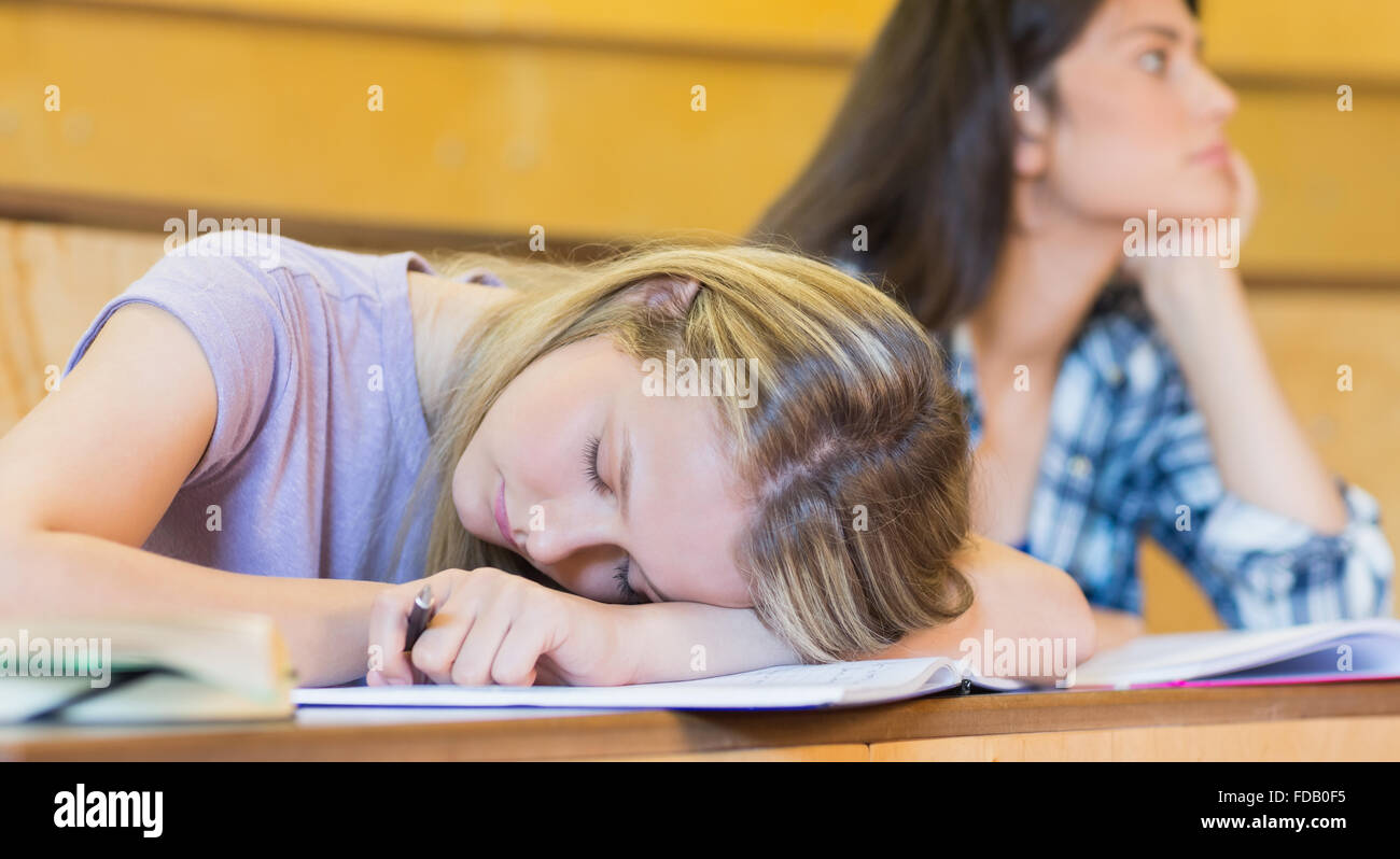 Bored student listening while classmate sleeping Stock Photo - Alamy