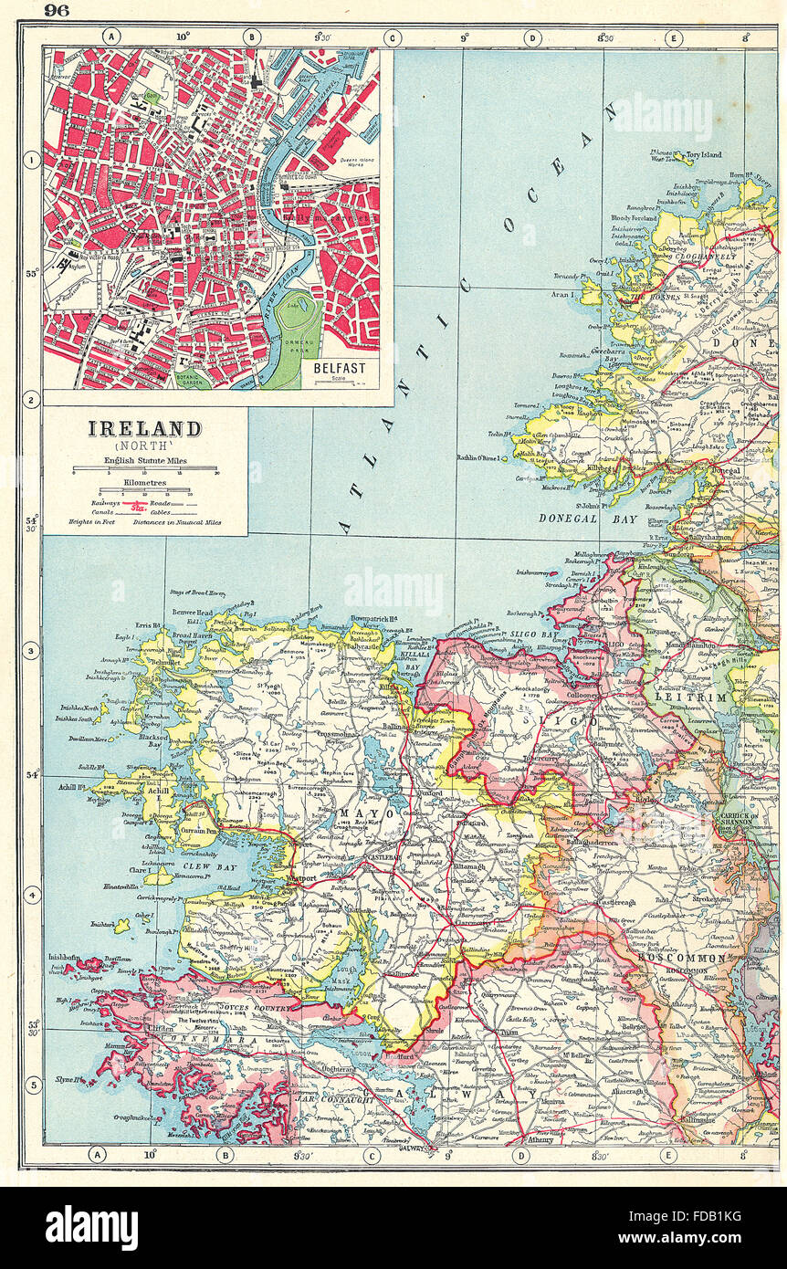 Map Of Sligo And Mayo Ireland Nw Coast: Mayo Sligo Roscommon Leitrim.inset Belfast.connaught,  1920 Map Stock Photo - Alamy