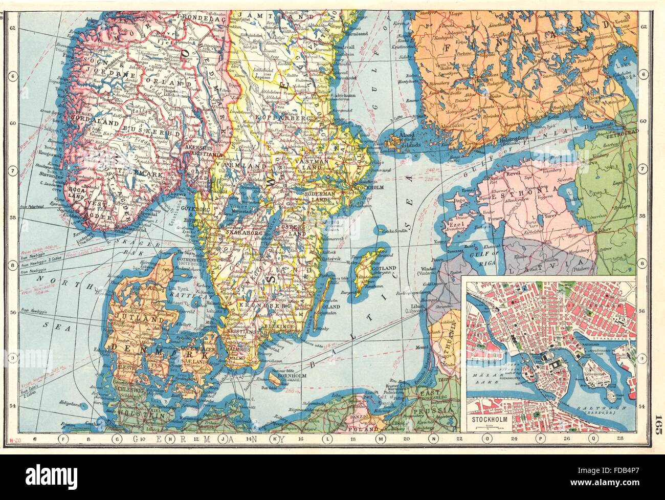 SCANDINAVIA:Norway Sweden South. Denamrk. Estonia; inset Stockholm, 1920 map Stock Photo