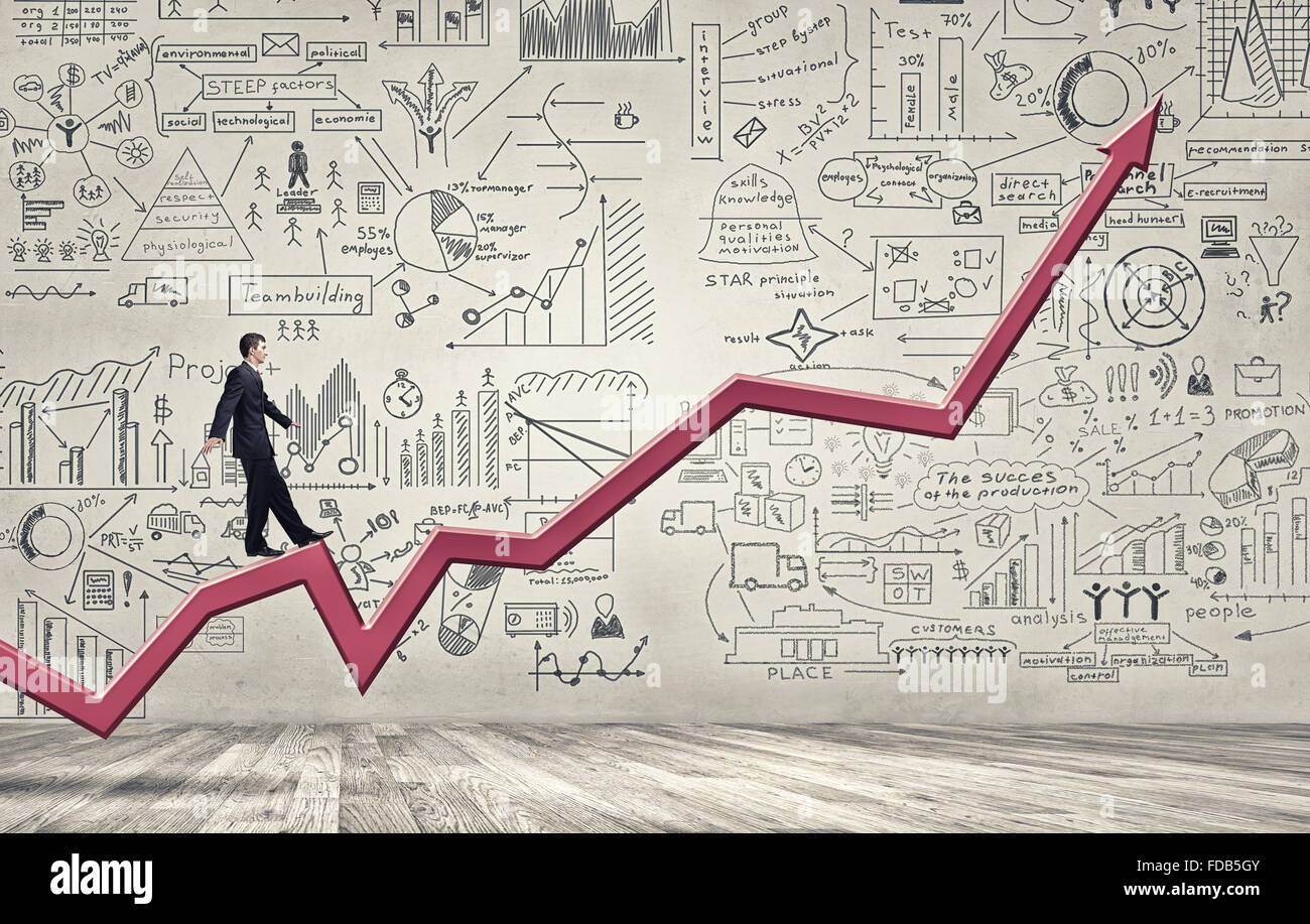 Businessman walking on rising graph arrow and sketches on background ...