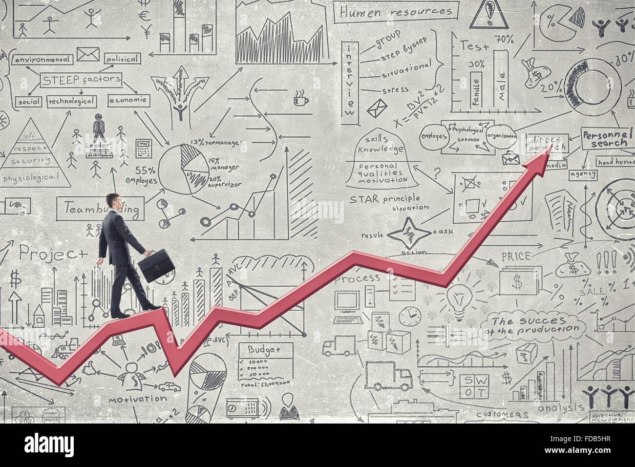 Businessman walking on rising graph arrow and sketches on background ...