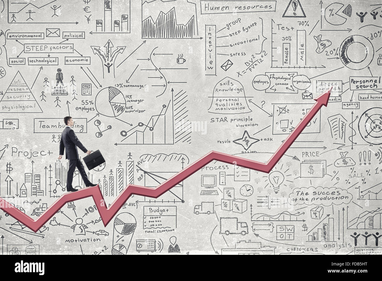 Businessman walking on rising graph arrow and sketches on background ...