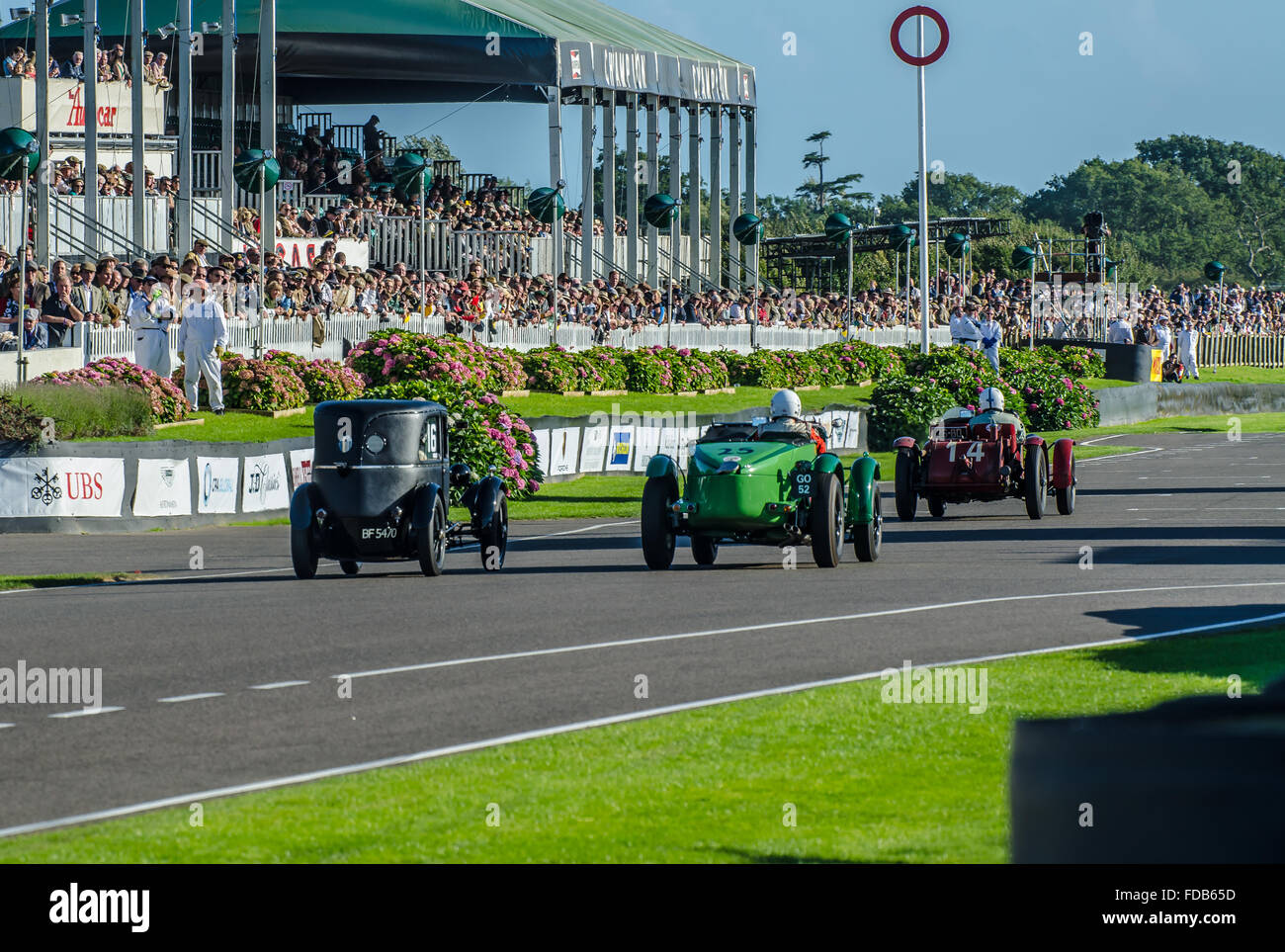 The Goodwood Revival is a festival held at Goodwood Circuit for the types of road race cars from its 40s-60s heydays. Vintage cars racing past stand Stock Photo