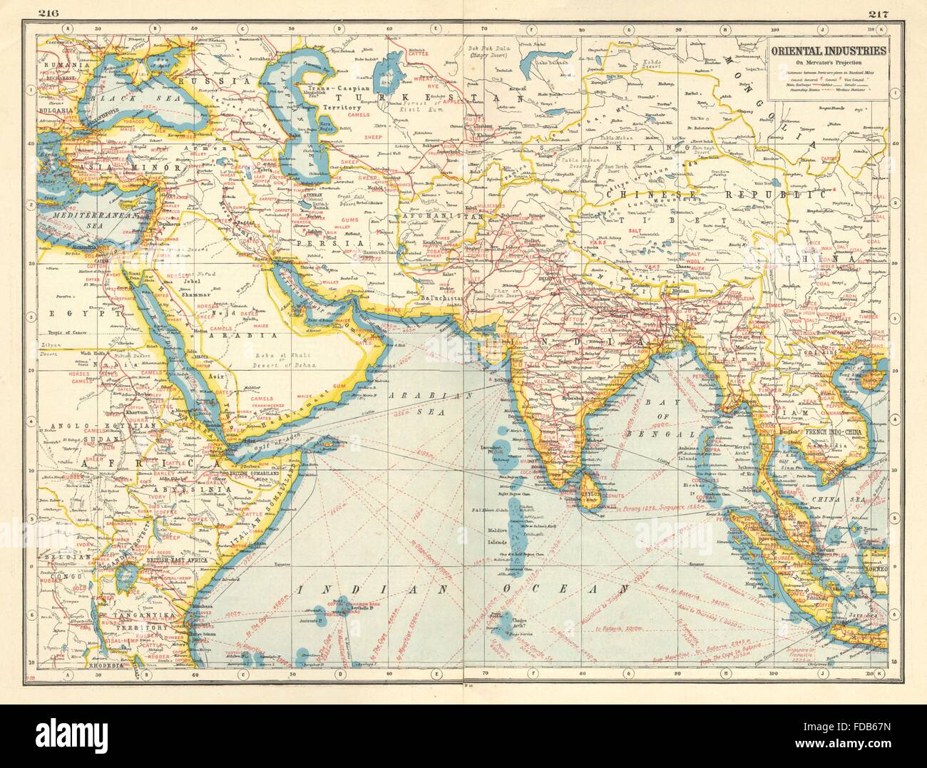 ASIA MIDDLE EAST AFRICA COMMERCIAL:Shows agricultural/mineral products, 1920 map Stock Photo
