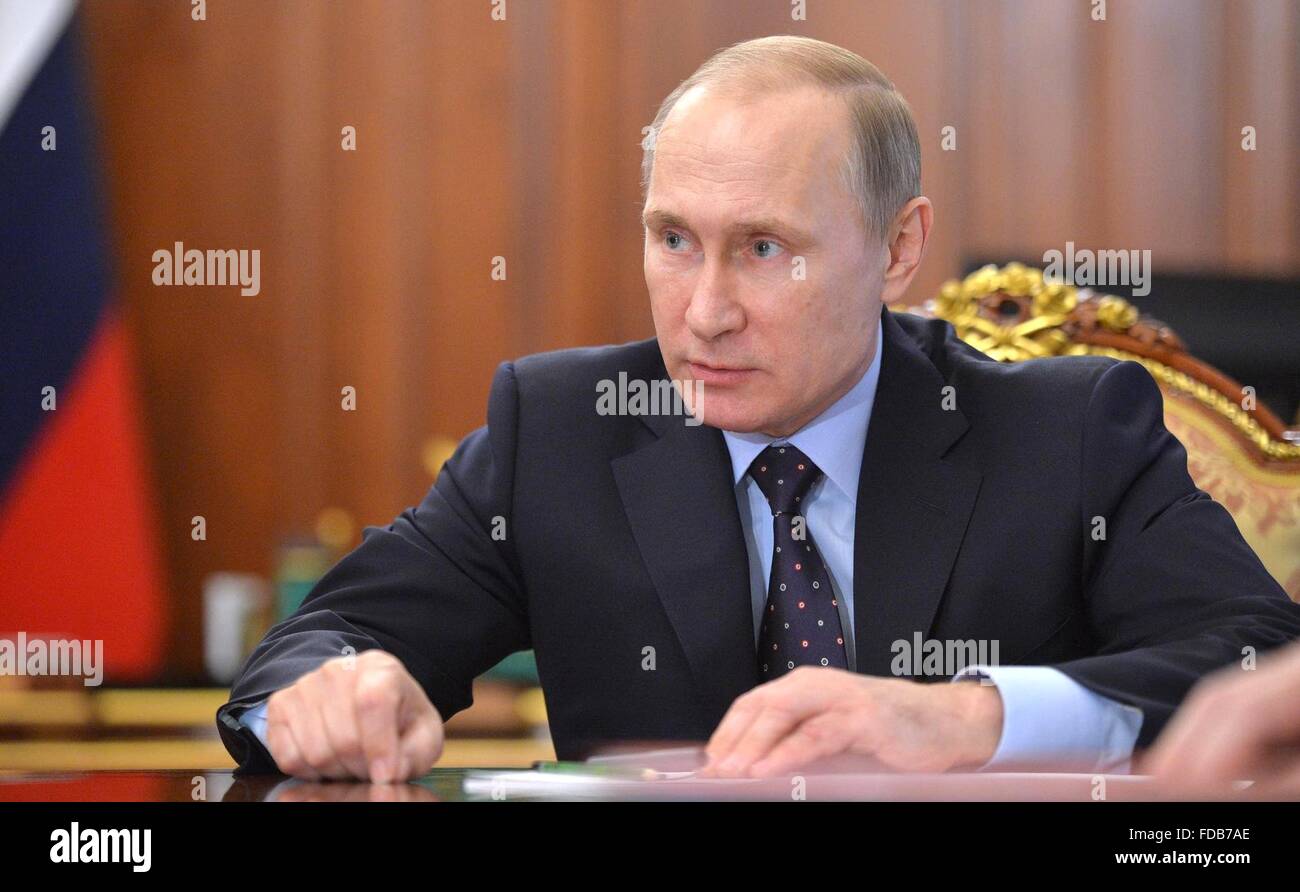Russian President Vladimir Putin during a meeting on monetary policy at the Kremlin January 29, 2016 in Moscow, Russia. Stock Photo