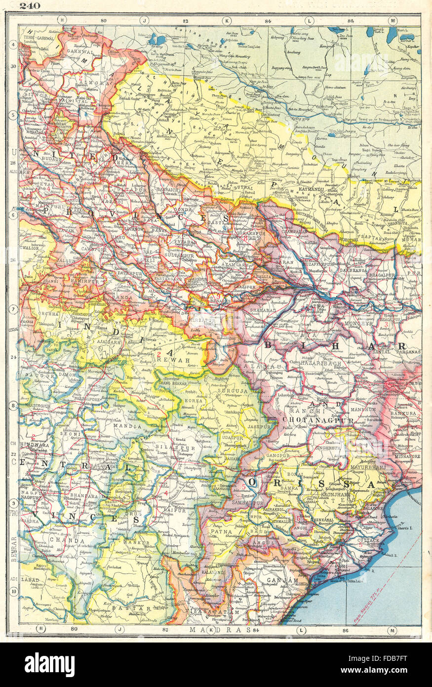 INDIA NORTH EAST: Orissa Bihar United & Central Provinces Nepal, 1920 old map Stock Photo