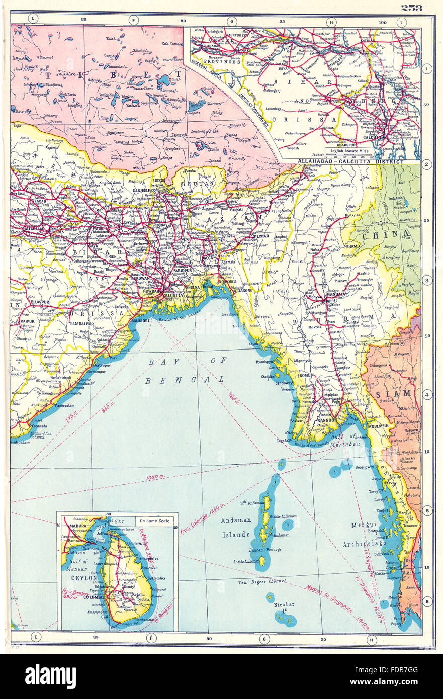 BRITISH INDIA EAST RAILWAYS: Burma Bengal Bangladesh Ceylon Sri Lanka, 1920 map Stock Photo