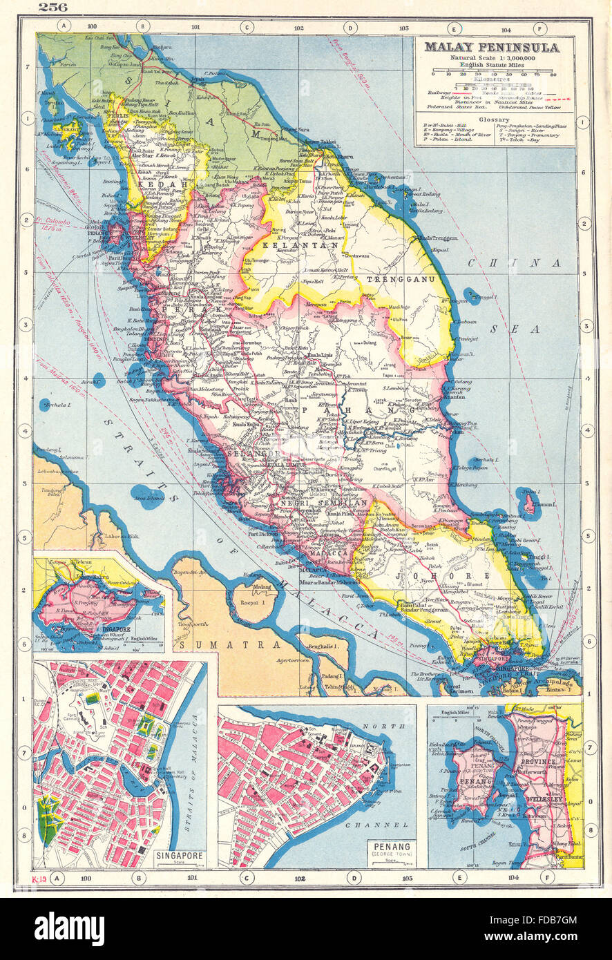 MALAY PENINSULA: West Malaysia; inset Singapore Penang Wellesley, 1920 old map Stock Photo