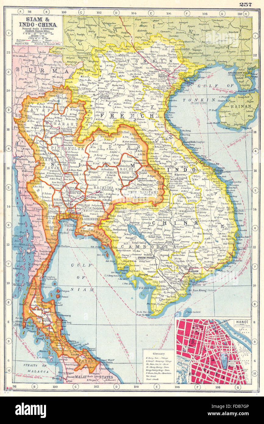 FRENCH INDO-CHINA SIAM: Thailand Vietnam Cambodia Laos; inset Hanoi, 1920 map Stock Photo