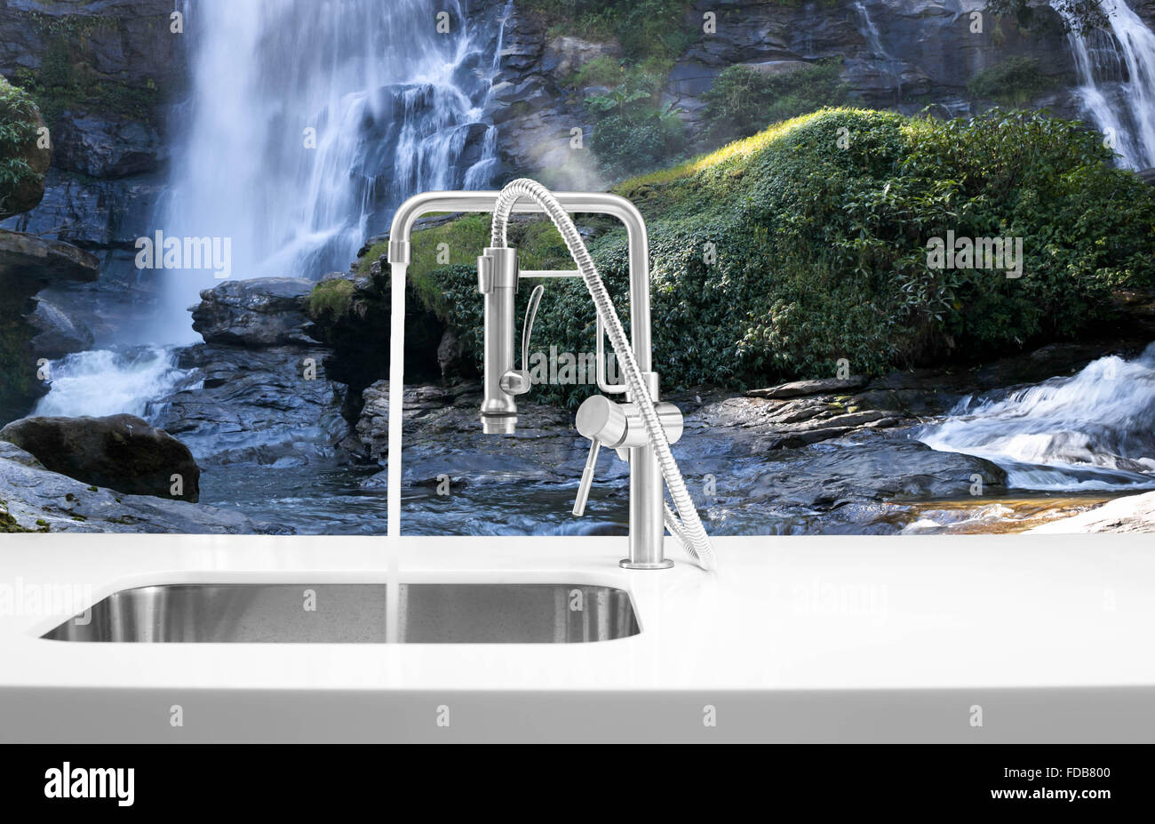Concept of natural water with Metal modern design faucet  or water tap Stock Photo
