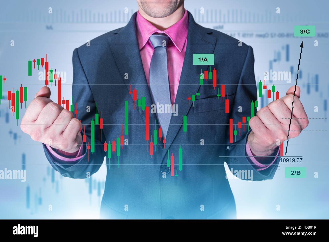 Trading Master. Successful Currency Trading Businessman Concept. Elegant Businessman and Forex Trading Line Graphs and Statistic Stock Photo