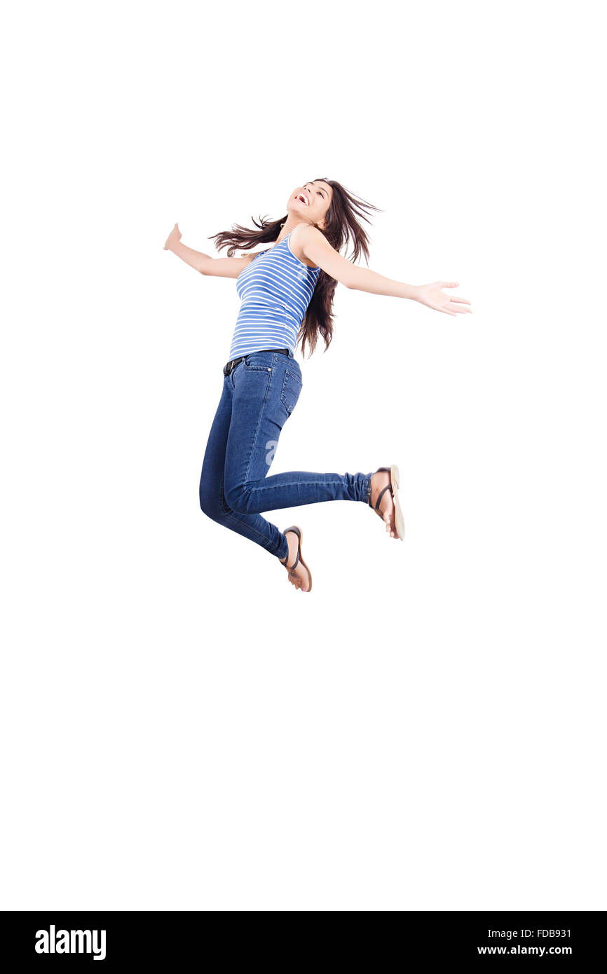 1 Teenager girl College Student Jumping Celebrations Stock Photo