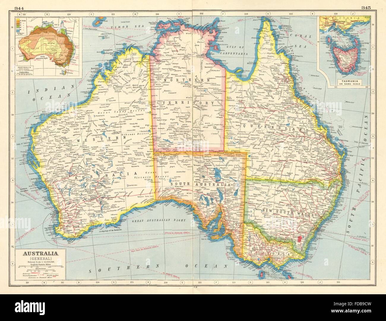 AUSTRALIA: Railways Steamship routes telegraph cables. Rainfall Temp, 1920 map Stock Photo