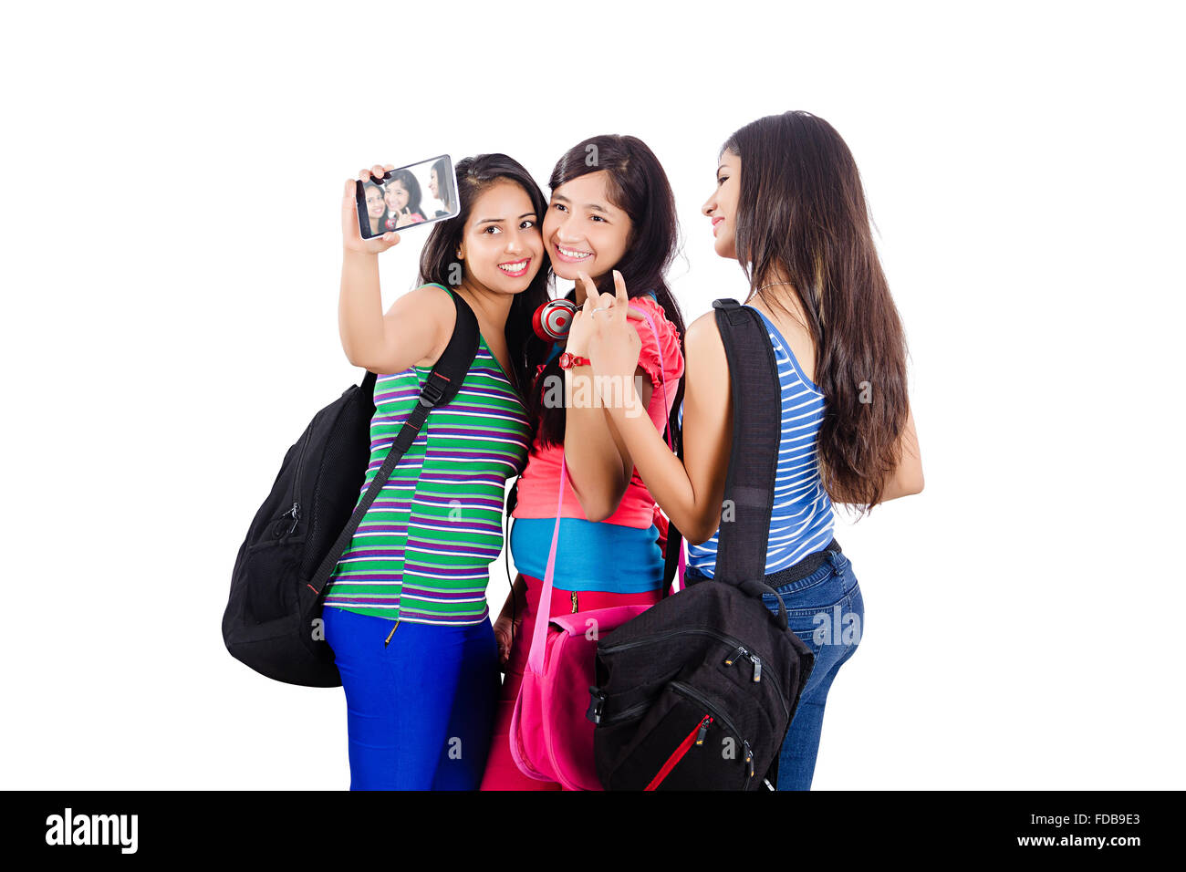 3 Teenagers Girls Friends  College Student Mobile phone Selfie Clicking Stock Photo