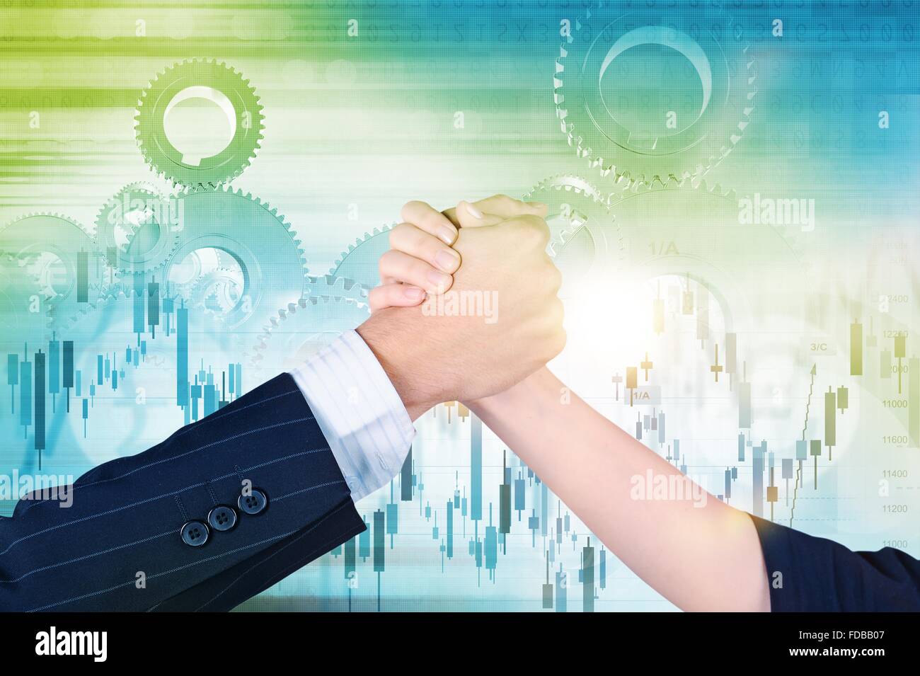 Men and Woman Partnership and Teamwork Concept. Men and Woman Hand on Abstract Working Capitals Background. Stock Photo