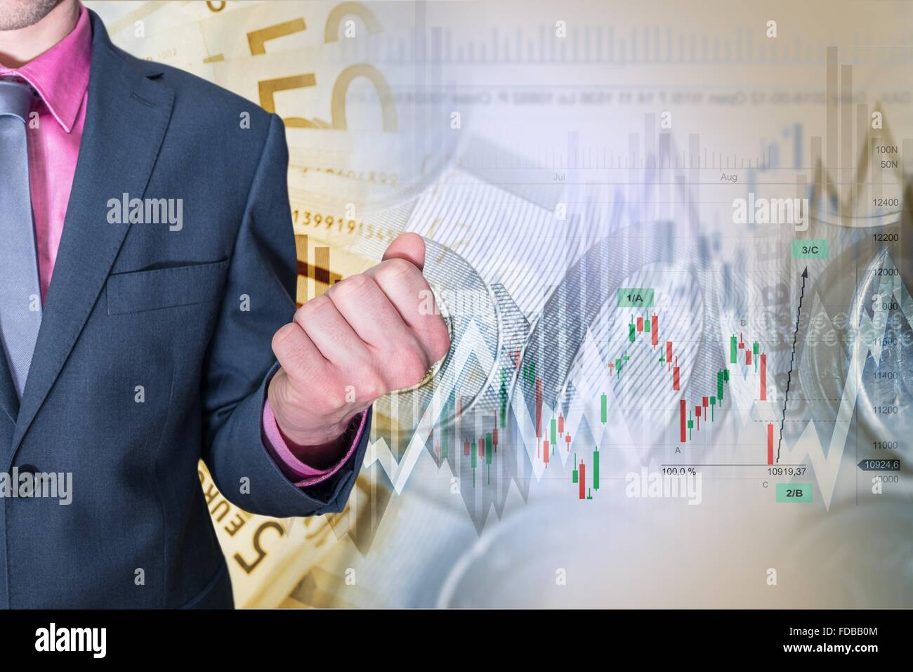 Stock and Forex Investing Success Concept Illustration with Exited Businessman. Stock Photo