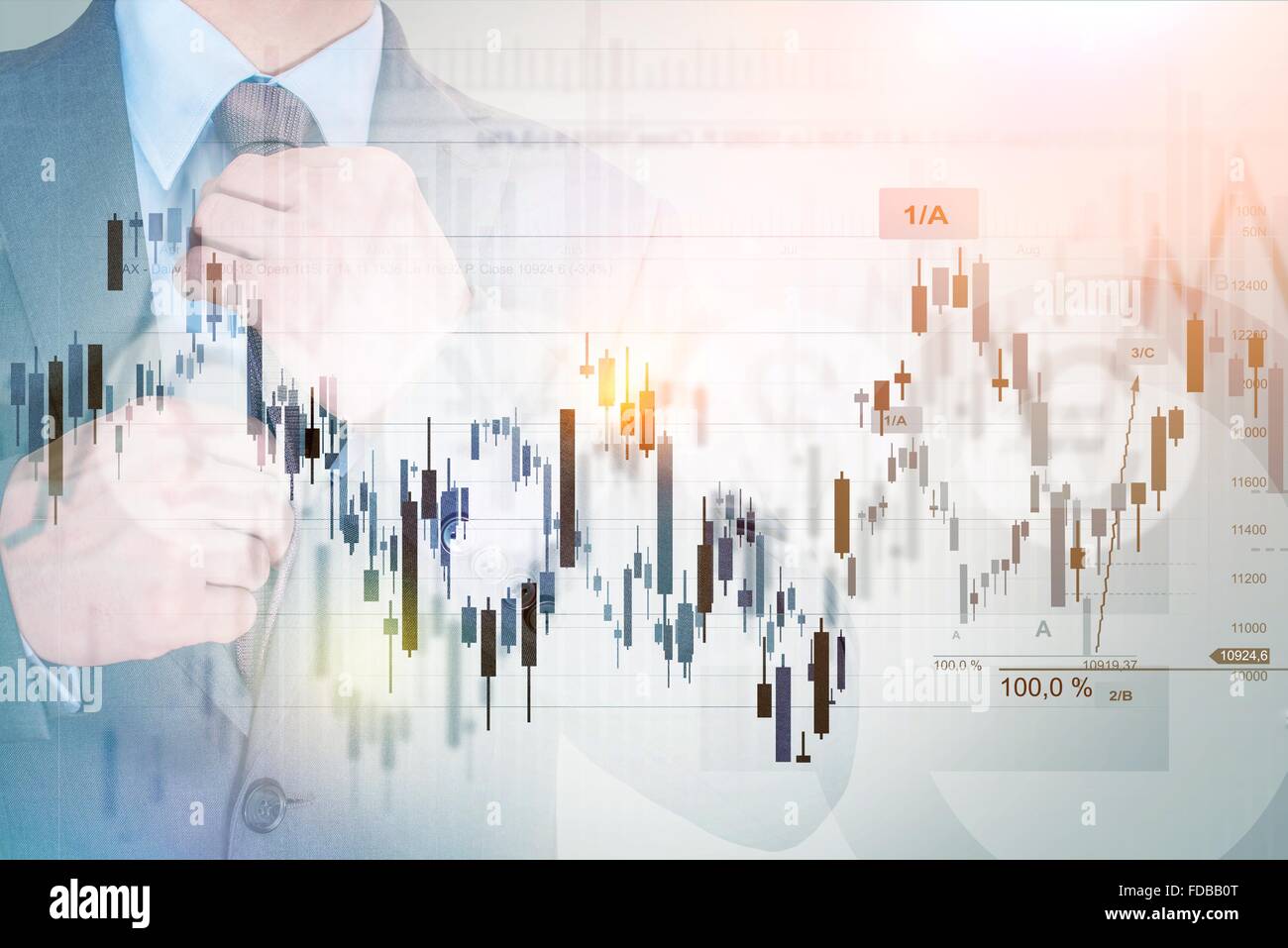 Successful Investor Concept Photo. Businessman, Stats and Line Graphs Concept. Currency and Stock Market Trading. Stock Photo
