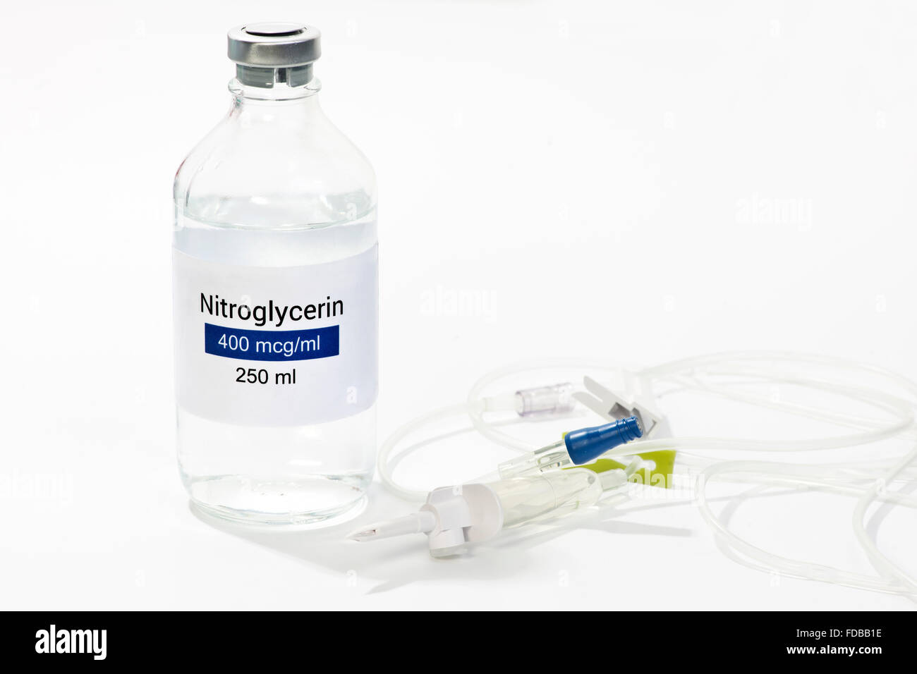 Nitrogylcerine solution with IV catheter and tubing. Label is totally fictitious (fake) and does not resemble any known product. Stock Photo