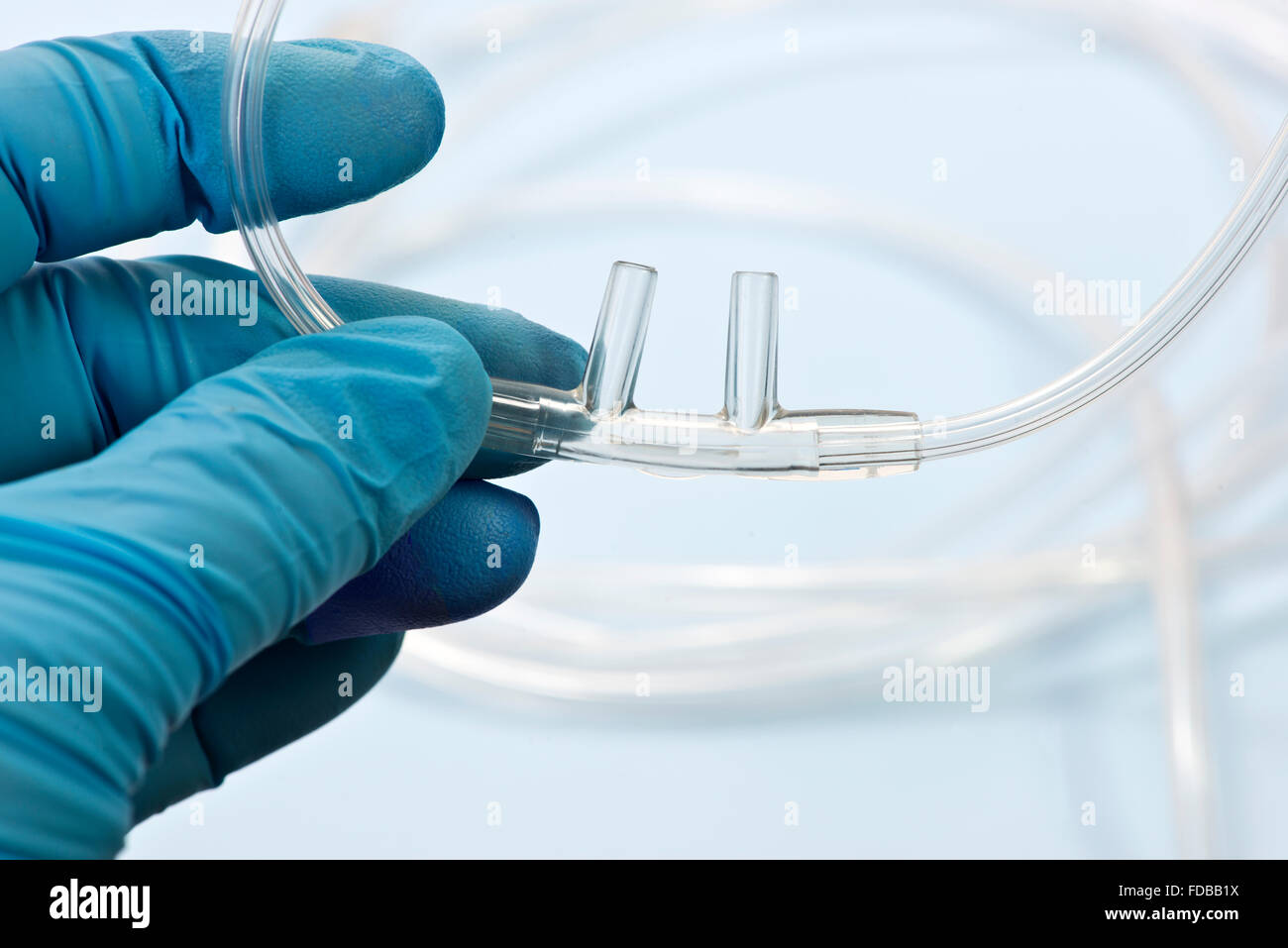 Nasal cannula held by nurse with oxygen tubing. Stock Photo