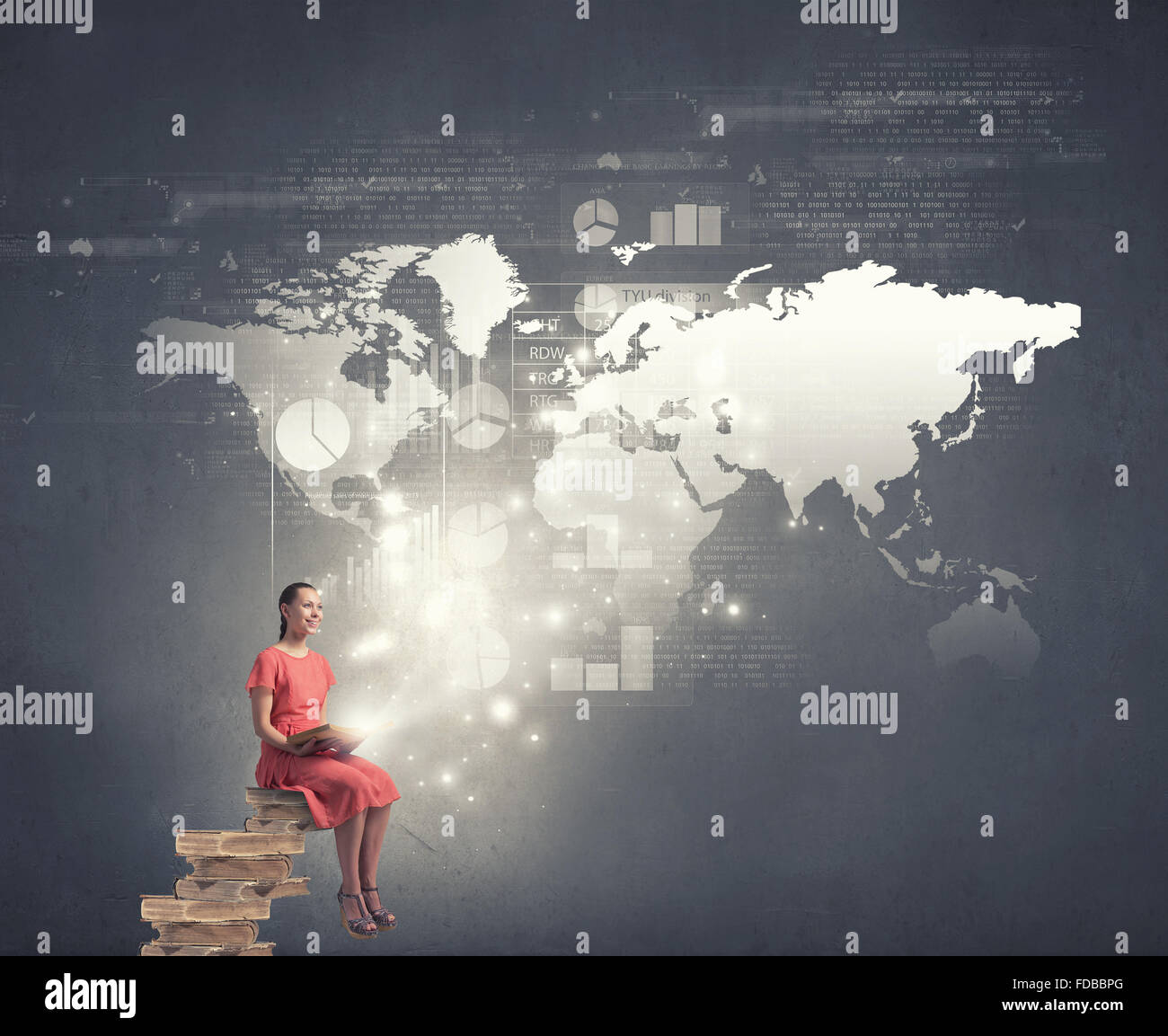 Young girl sitting on stack of books and reading Stock Photo - Alamy