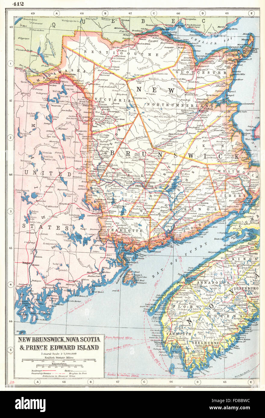 NEW BRUNSWICK: & Nova Scotia West. Canada. Railways. HARMSWORTH, 1920 old map Stock Photo