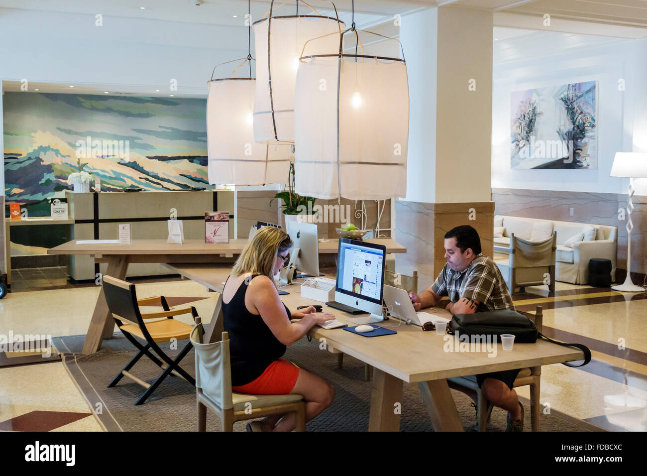 Miami Beach Florida,Ocean Drive,Hotel Victor,lobby,business center,centre,Internet access,computer screen,monitor,FL151121118 Stock Photo