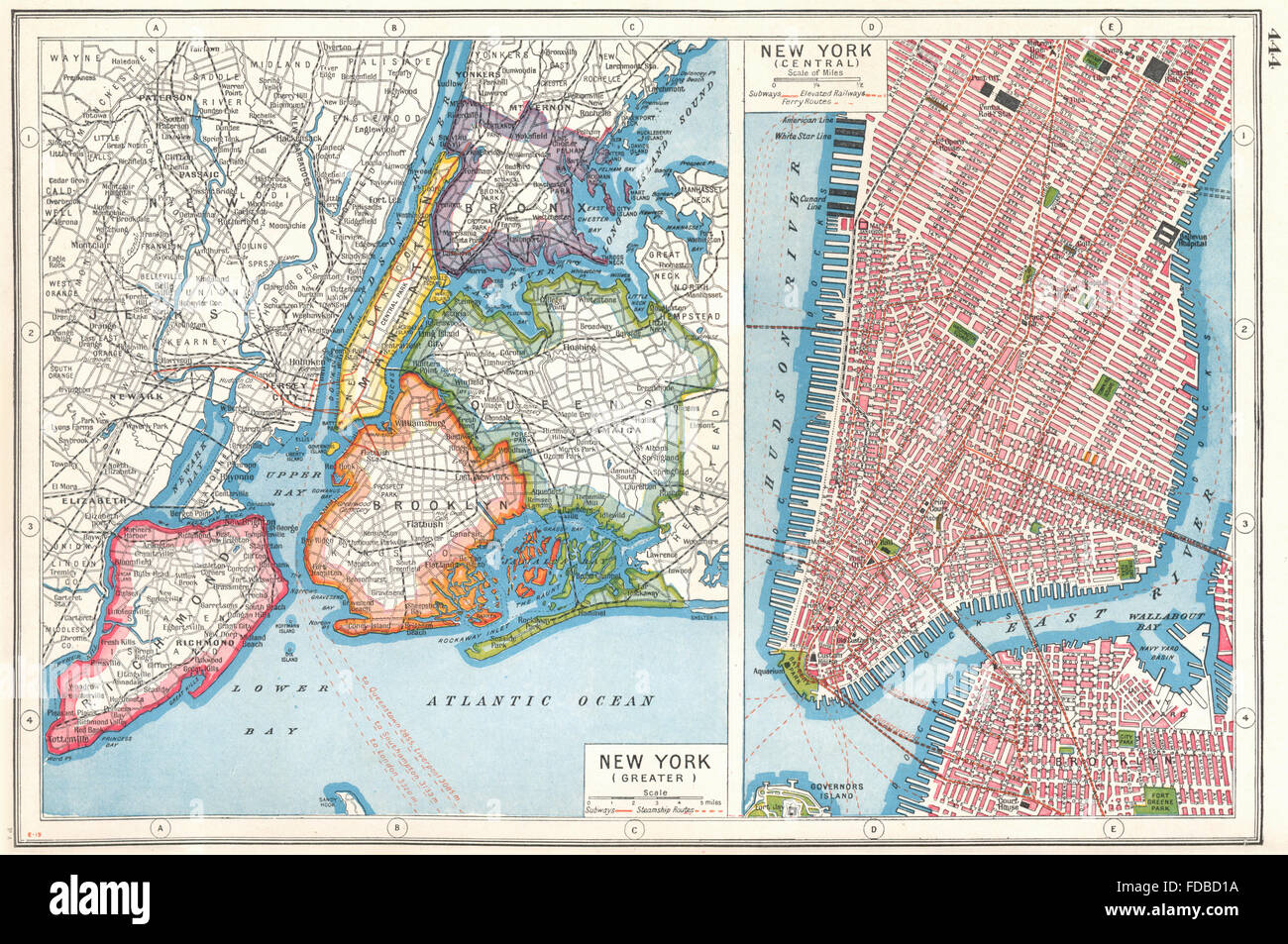 NEW YORK CITY: NYC. Lower Manhattan. Queens Bronx Brooklyn Richmond, 1920  map Stock Photo - Alamy