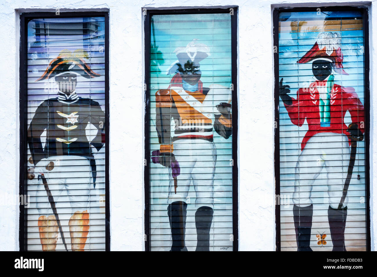 Miami Beach Florida,Tap Tap Haitian,restaurant restaurants food dining cafe cafes,blinds,painted,Black adult,adults,man men male,military uniform,FL15 Stock Photo