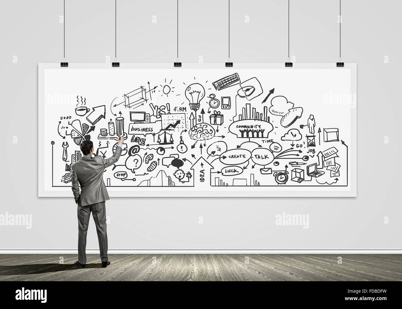 Rear view of businessman drawing business plan on white banner Stock ...