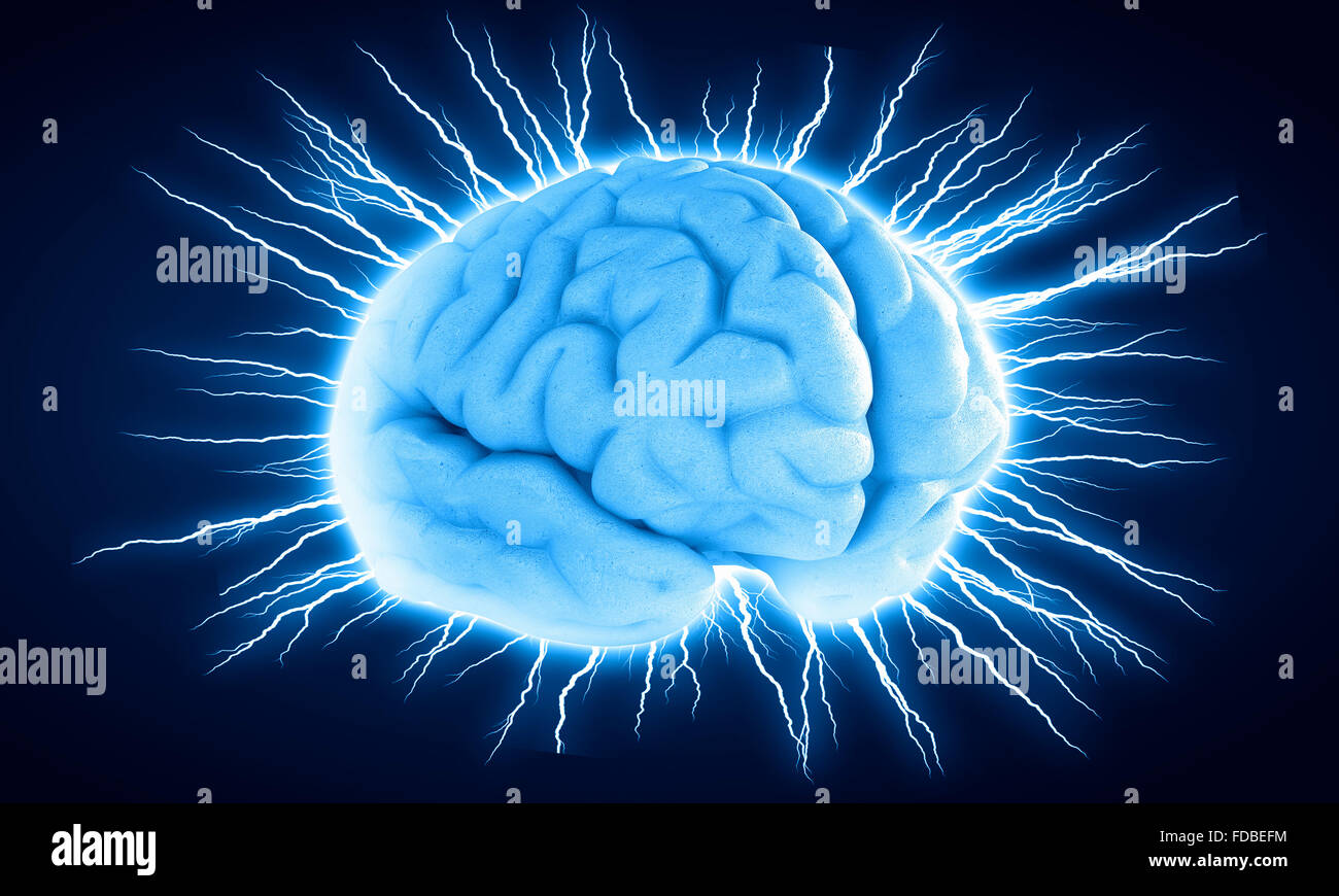 Concept of human intelligence with human brain on blue digital background Stock Photo