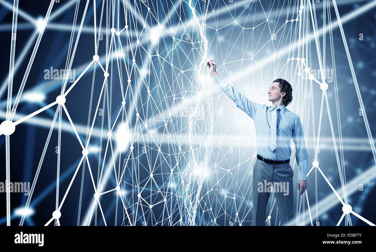 Businessman drawing connection lines with marker on screen Stock Photo ...