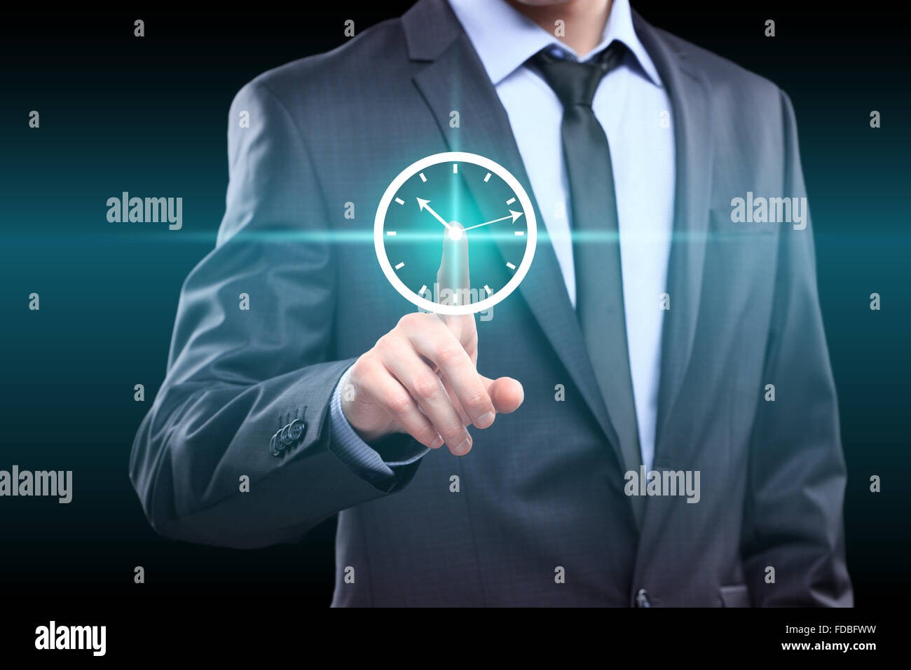 Businessman hand press clock web sign time button Stock Photo
