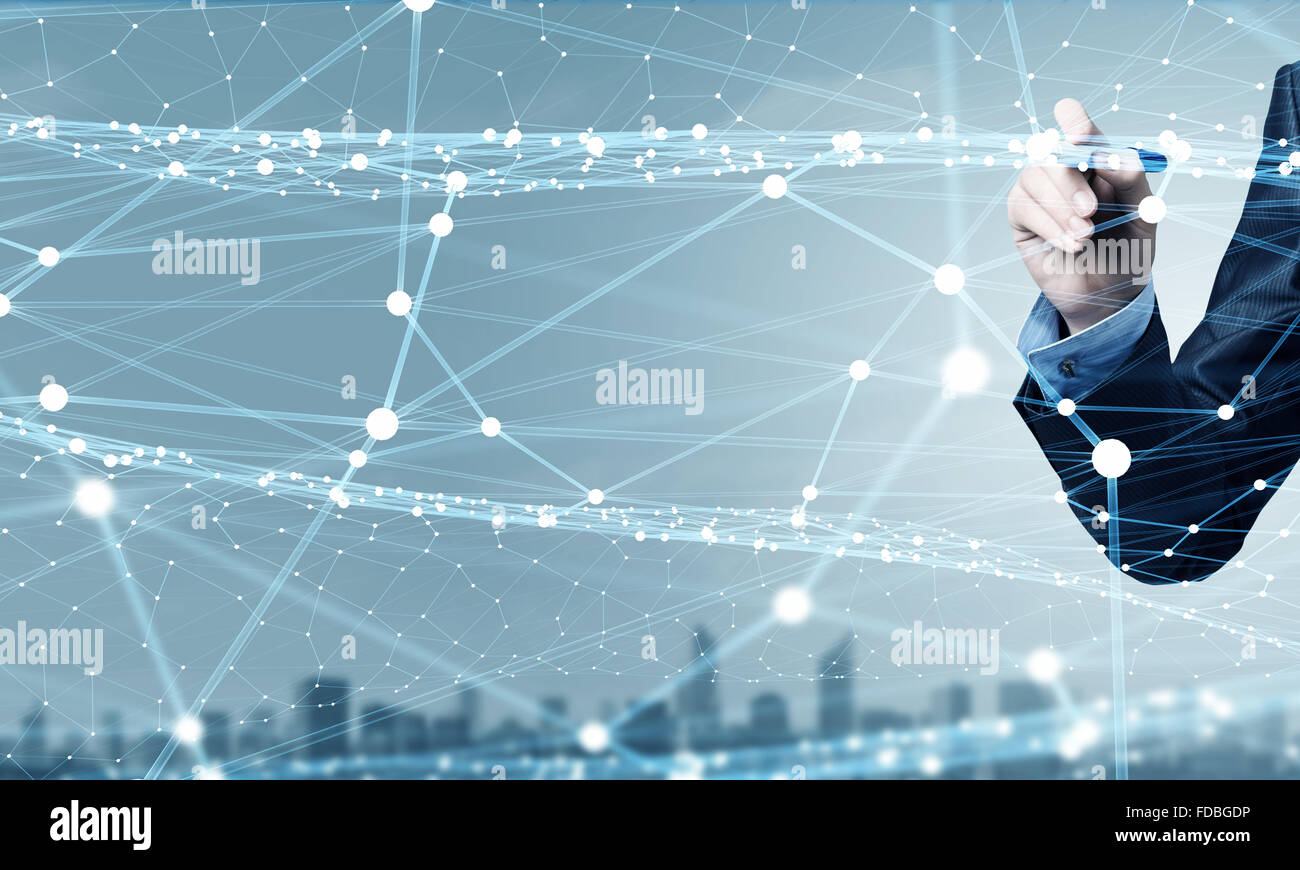 Businessman hand drawing digital connection lines on virtual screen ...