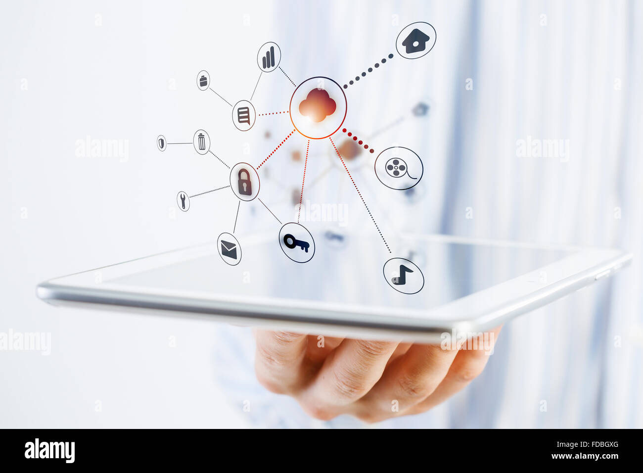 Hands of businessman demostrating tablet and network connection concept ...