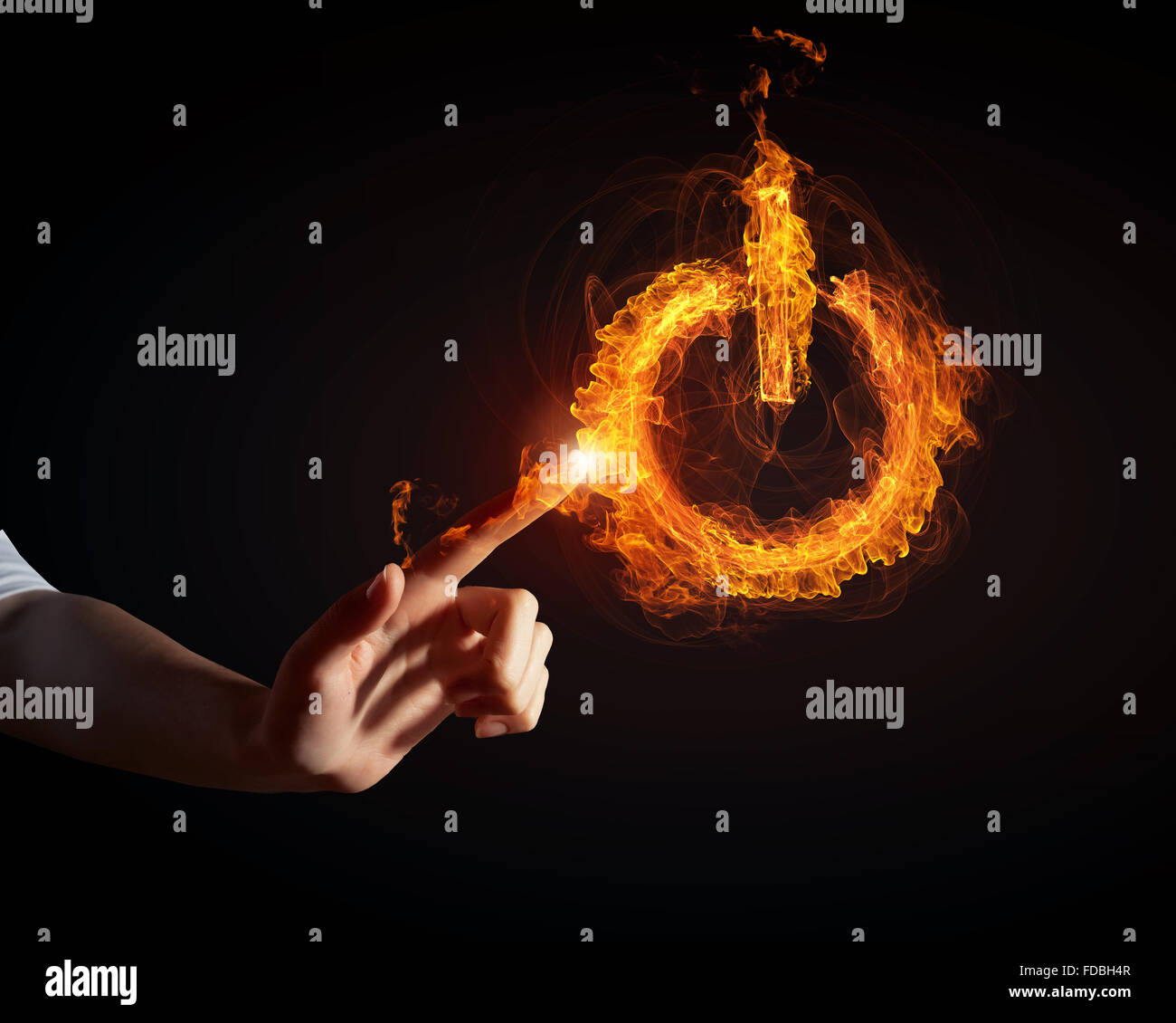 Glowing fire power icon of interface on dark background Stock Photo - Alamy