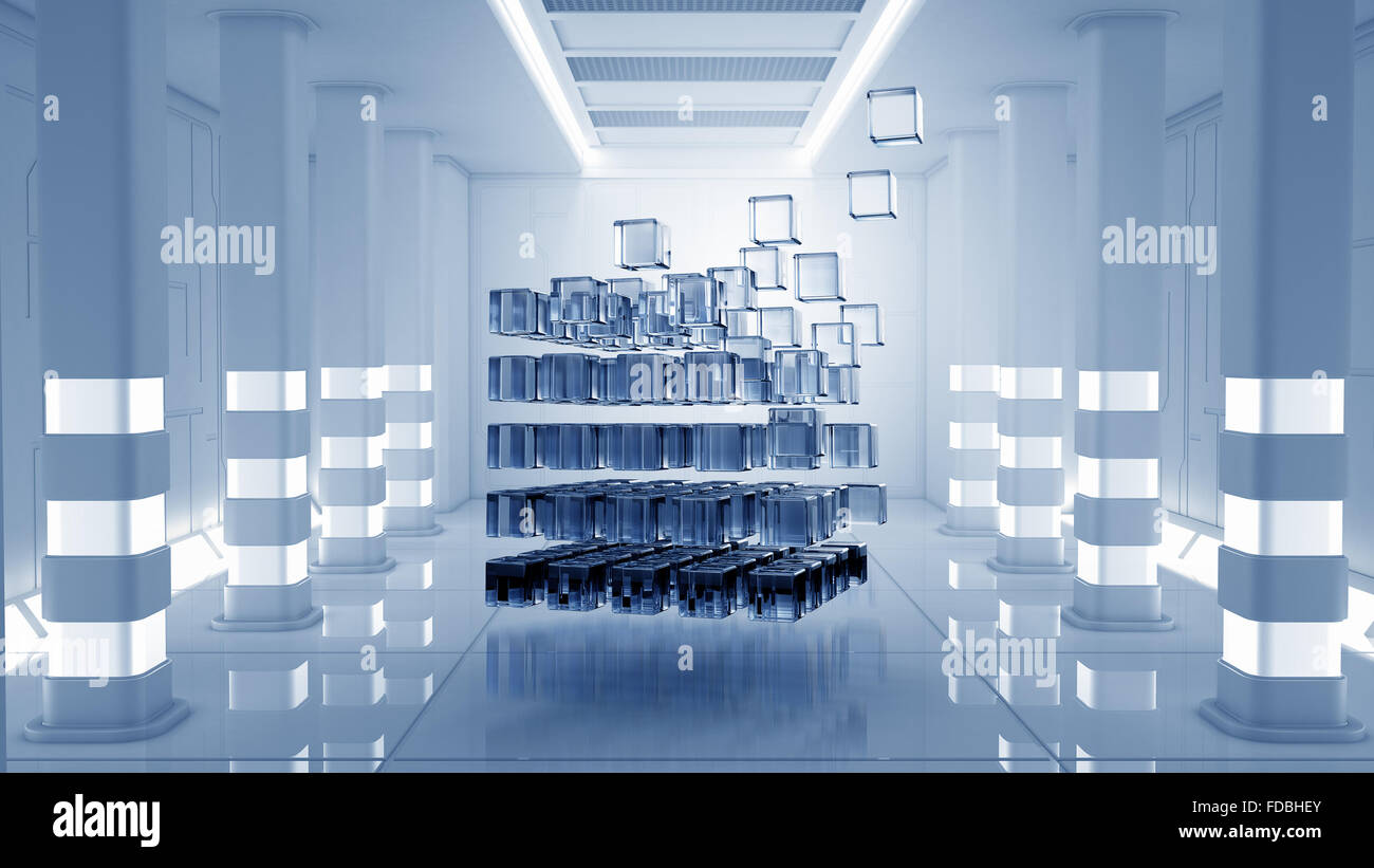 Abstract cube in futuristic room as innovative virtual interior design ...