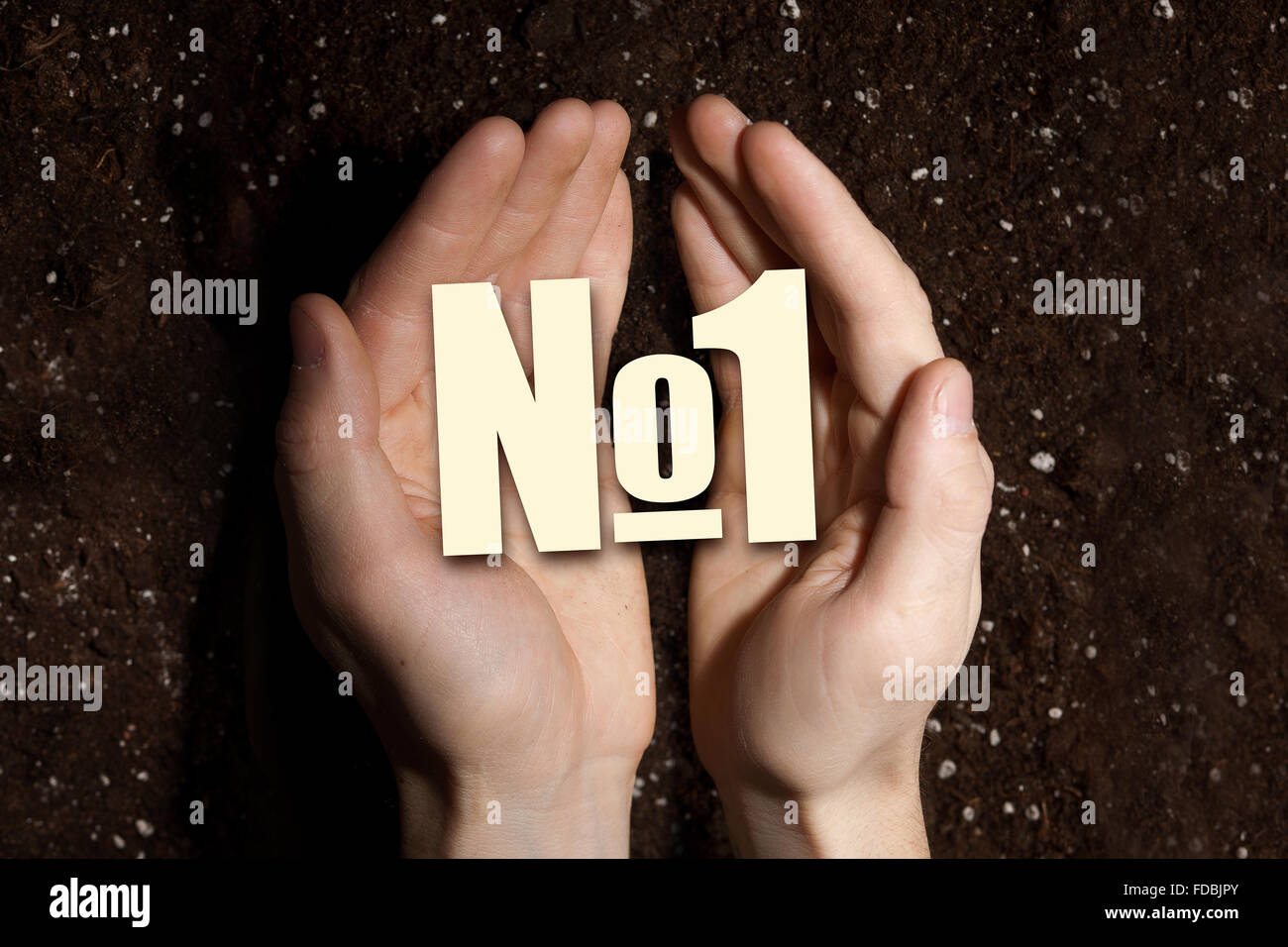 Number one concept in male palms on soil background Stock Photo