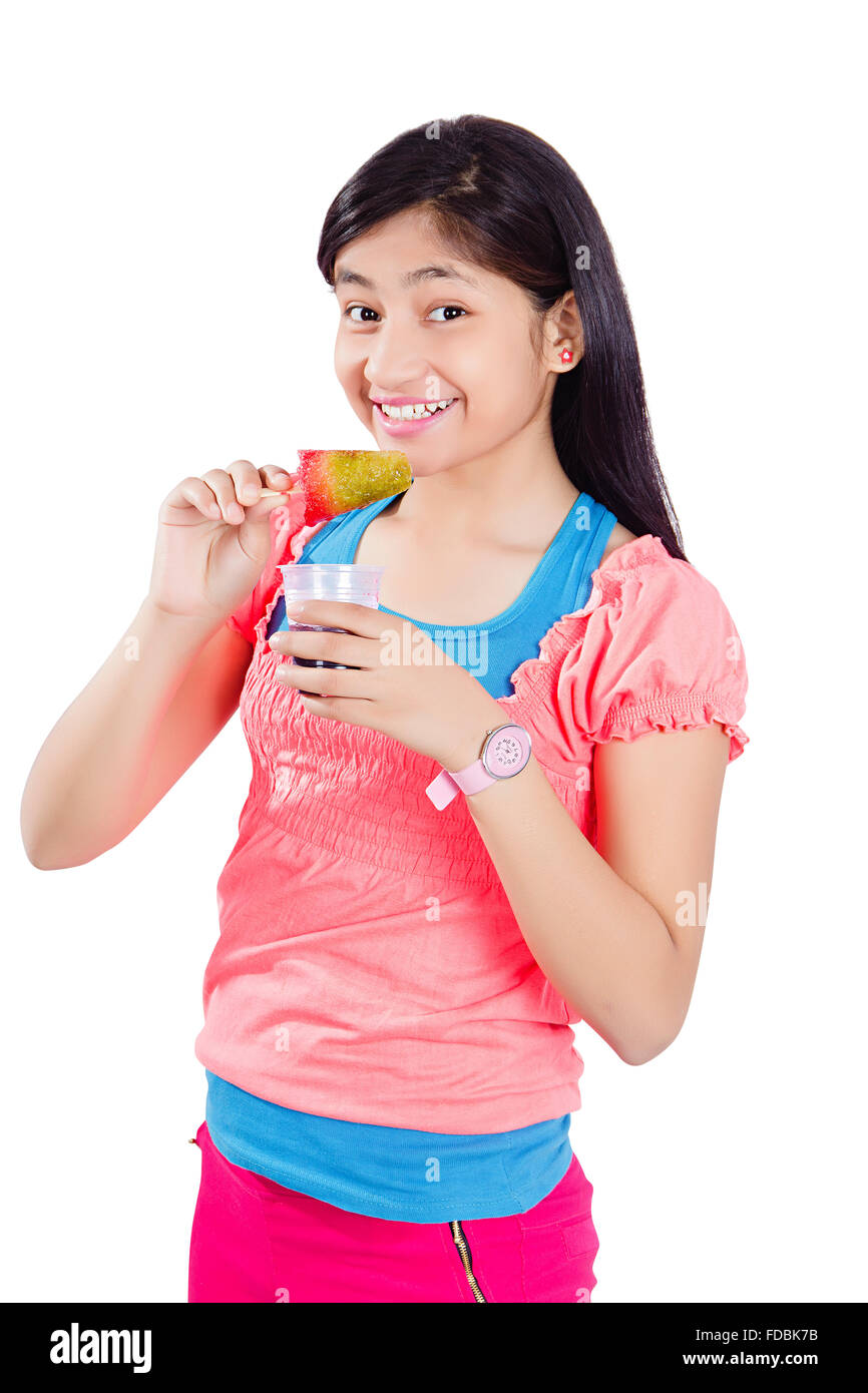1 Teenager Girl Eating Delicious Ice cream Stock Photo
