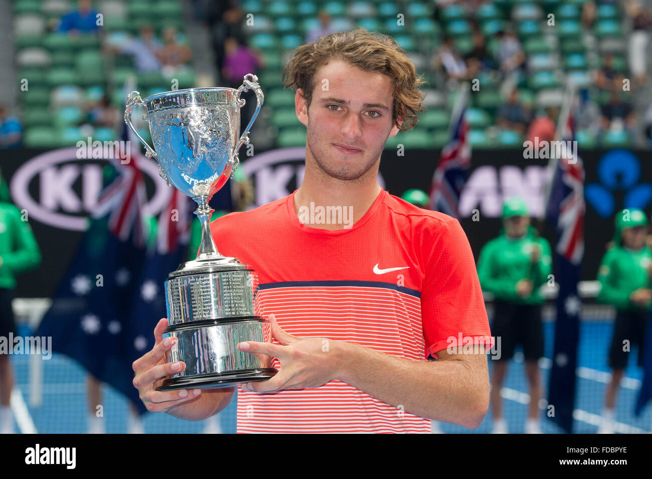 Melbourne, 30th Jan, 2016. Oliver Anderson of Australia poses during the award ceremony after the junior boys' singles final match against Jurabeck Karimov of Uzbekistan at the Australian Open Tennis Championships