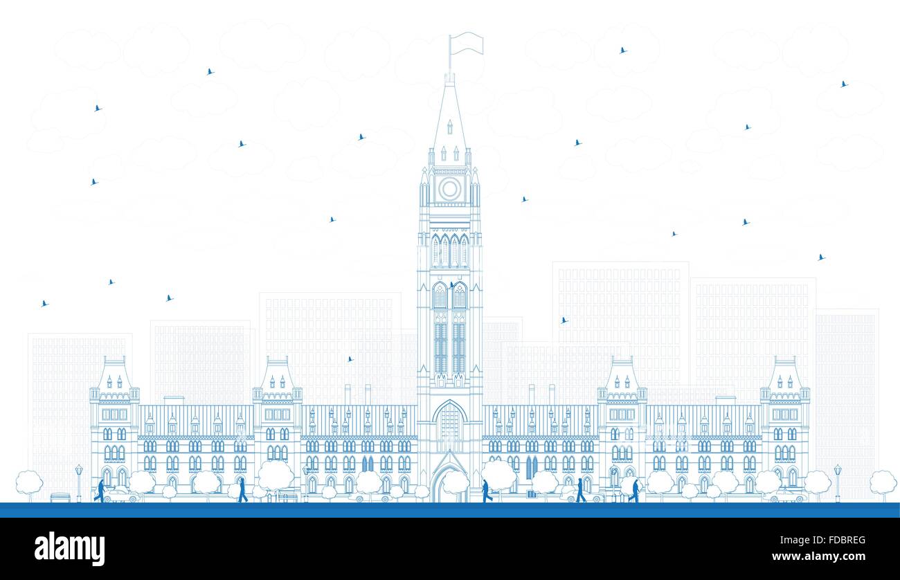 Outline Parliament Building in Ottawa, Canada. Vector illustration. Business Travel and Tourism Concept with Historic Building. Stock Vector