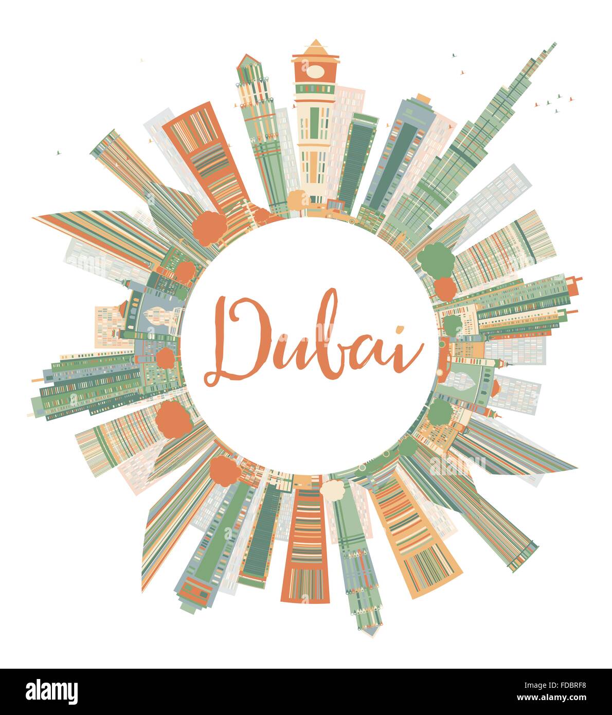 Abstract Dubai City Skyline with Color Skyscrapers and Copy Space. Vector Illustration. Business travel and tourism concept with Stock Vector