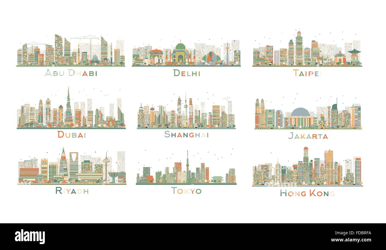 Set of 9 Abstract City Skyline. Vector Illustration. Skyline with World Landmarks. Business travel and tourism concept. Stock Vector