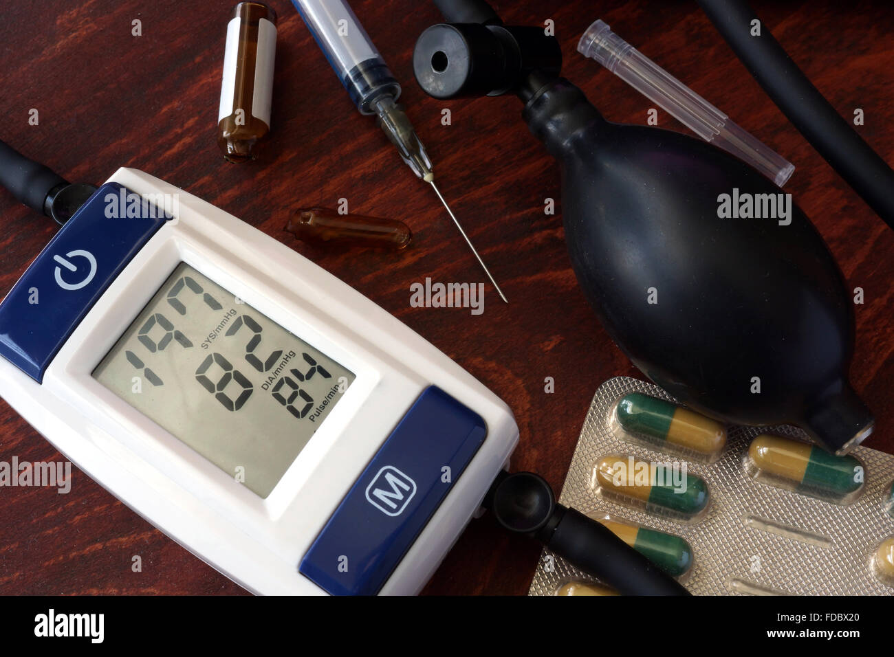 Hypertension concept. Blood pressure meter showing a high level of blood pressure Stock Photo